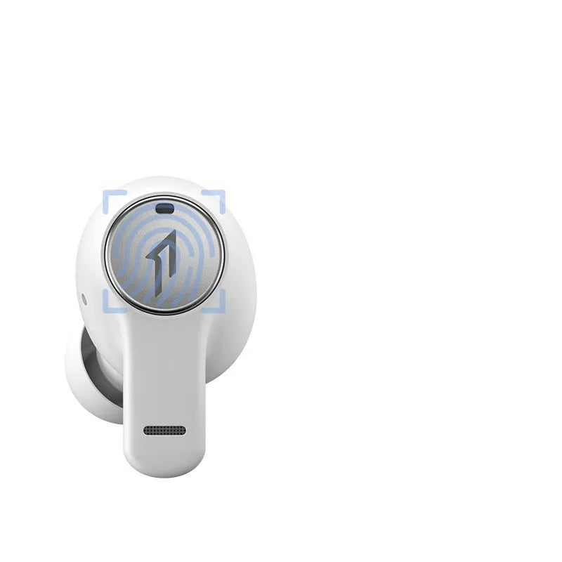 Pearl white and black true wireless Bluetooth sports headphones with in-ear design.