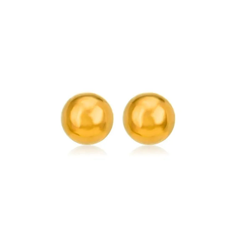 Stainless steel ball stud earrings in gold or silver finish, showing 3mm, 4mm, 5mm, and 6mm size options.