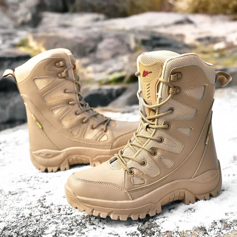 Beige cowhide leather hi-top hiking shoes with a platform sole on a neutral background.
