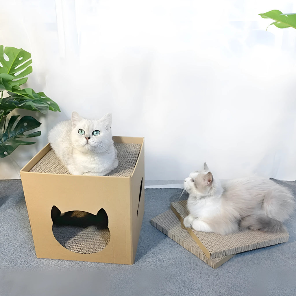 Pet milk carton style corrugated paper cat scratch board measuring 30cm cube