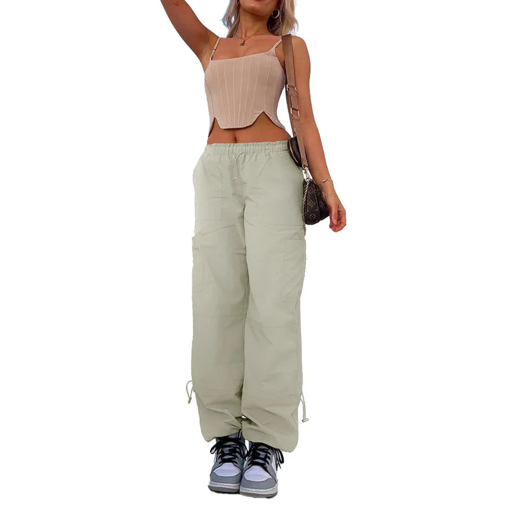 Men's multi-pocket straight-leg cargo casual trousers on a hanger, shown in a khaki colour.