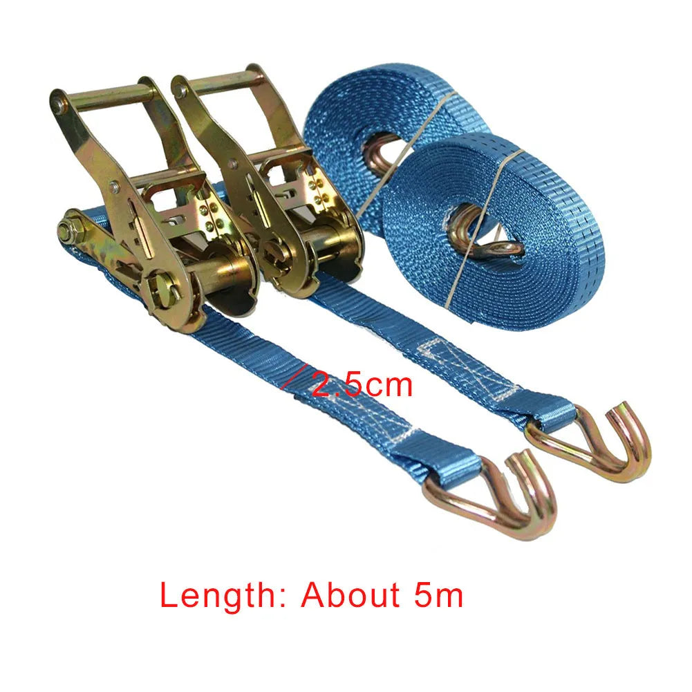 Steel and polyester ratchet tensioner binding strap with double hooks for cargo securement