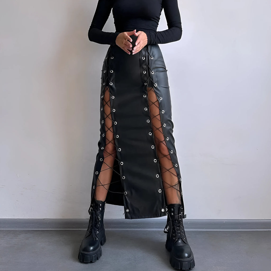 Women's black PU pencil skirt with slit and lacing detail, standing pose