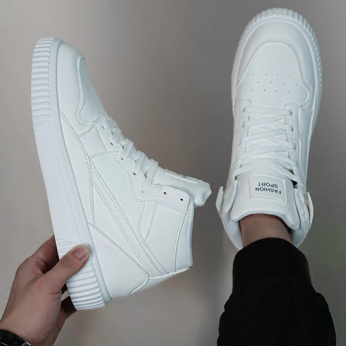 Men's white microfiber leather casual shoes with round toe design on neutral background