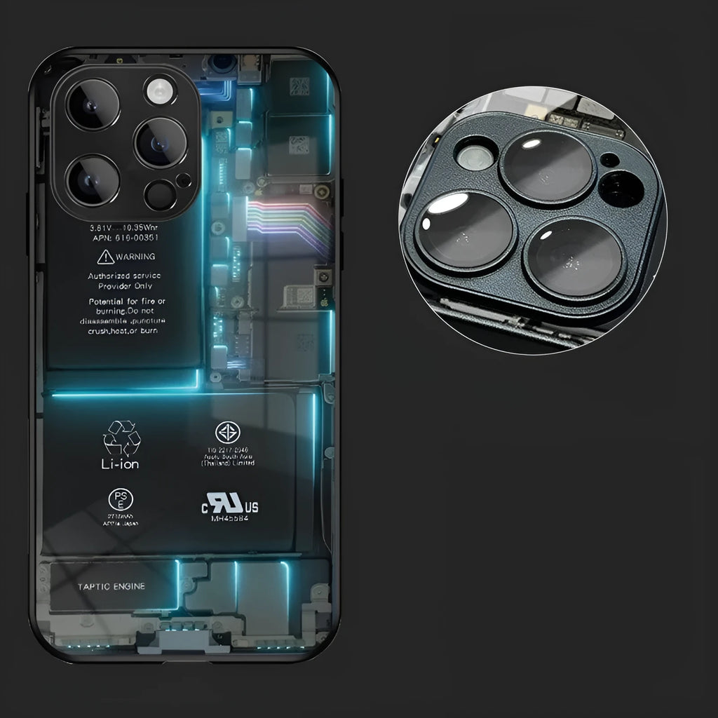 Creative circuit board phone case with lens protector for iPhone, transparent black glass back
