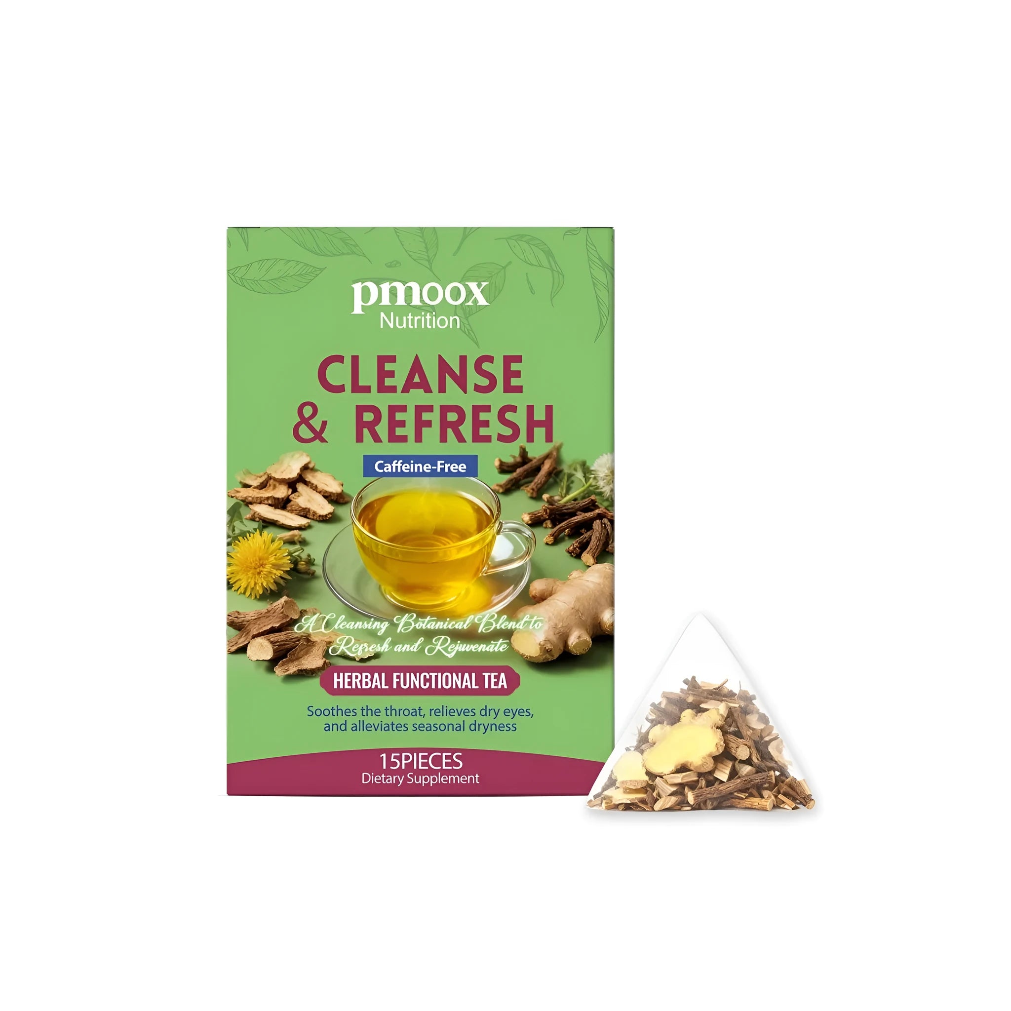 Pack of 15 herbal functional tea bags with burdock, dandelion, and ginger ingredients
