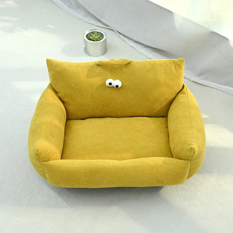 Cartoon big eye pet bed in moon velvet fabric with pp cotton filling, available in four colours