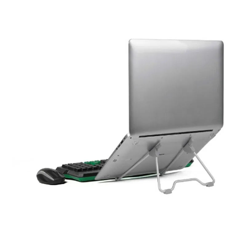 Grey aluminium alloy adjustable stand holding a mobile phone and a laptop at an angle.