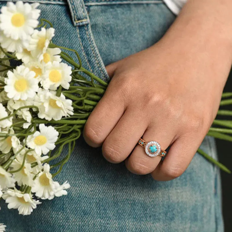 Women's turquoise ethnic style zircon ring in rose gold on copper with geometric design
