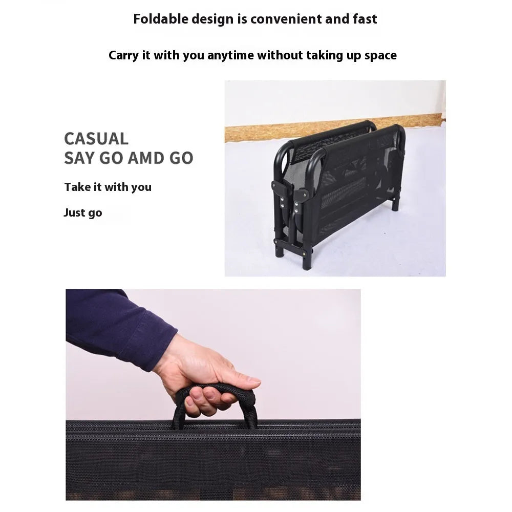 Folding dog camp bed with steel frame, mesh sides, and a mattress in size L