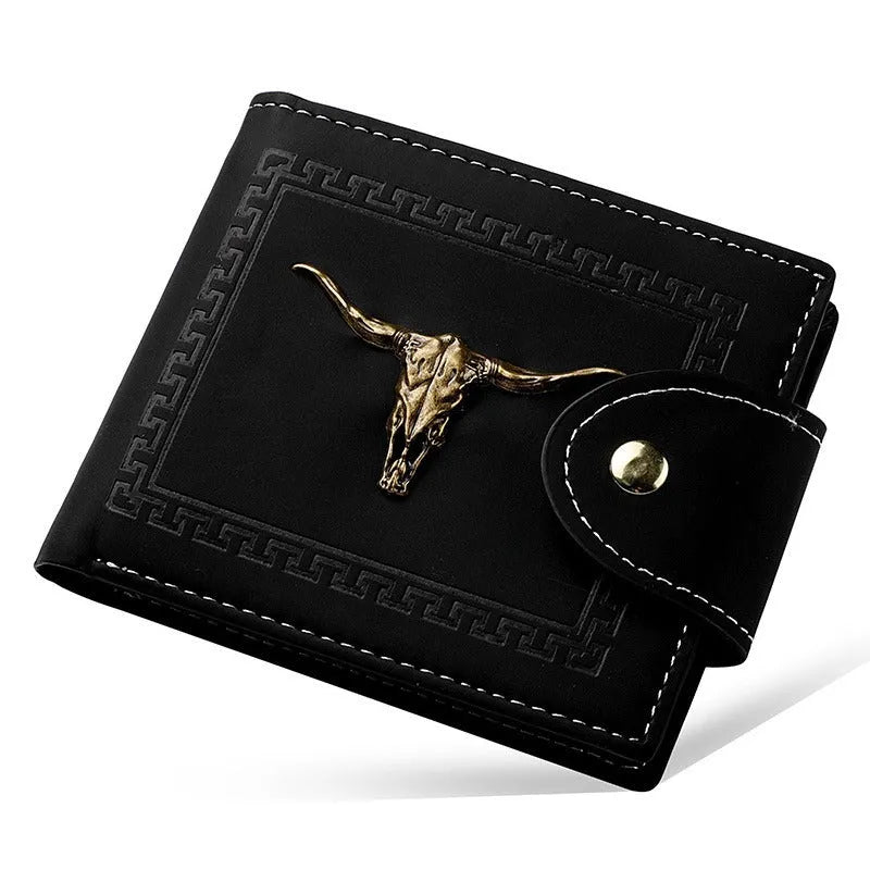 Black PU leather men's wallet with animal pattern, zipper closure, and multiple card slots