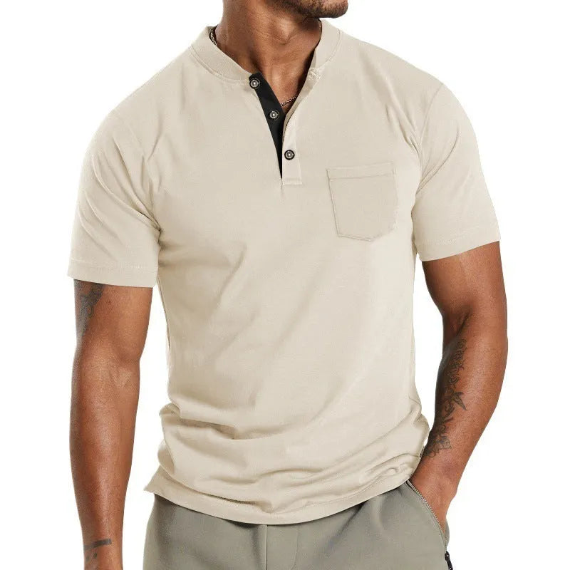 Plus size man wearing a solid colour short sleeve polyester shirt with a chest pocket.