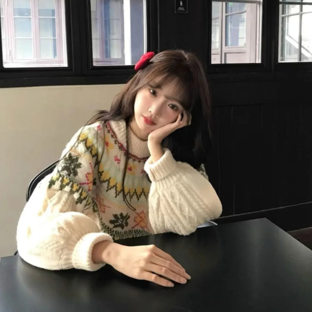 Women's milky white lantern sleeve loose mori knitwear pullover sweater