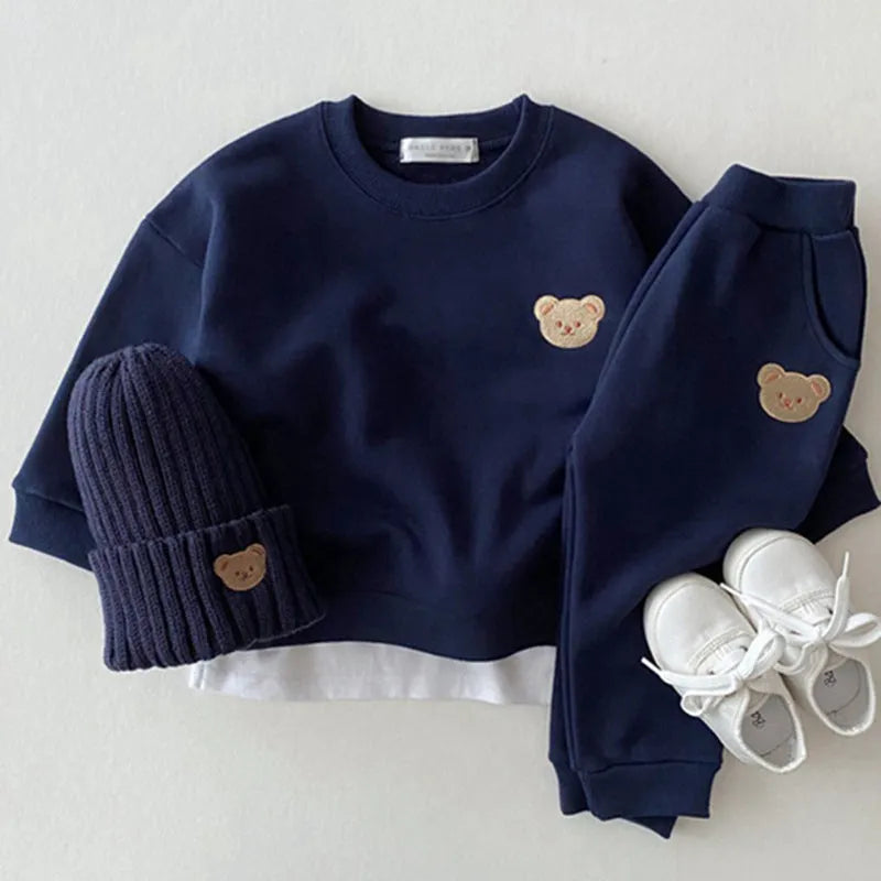 Children's cotton bear round neck sweater and pants two-piece set in yellow, dark blue, brown, pink and light grey