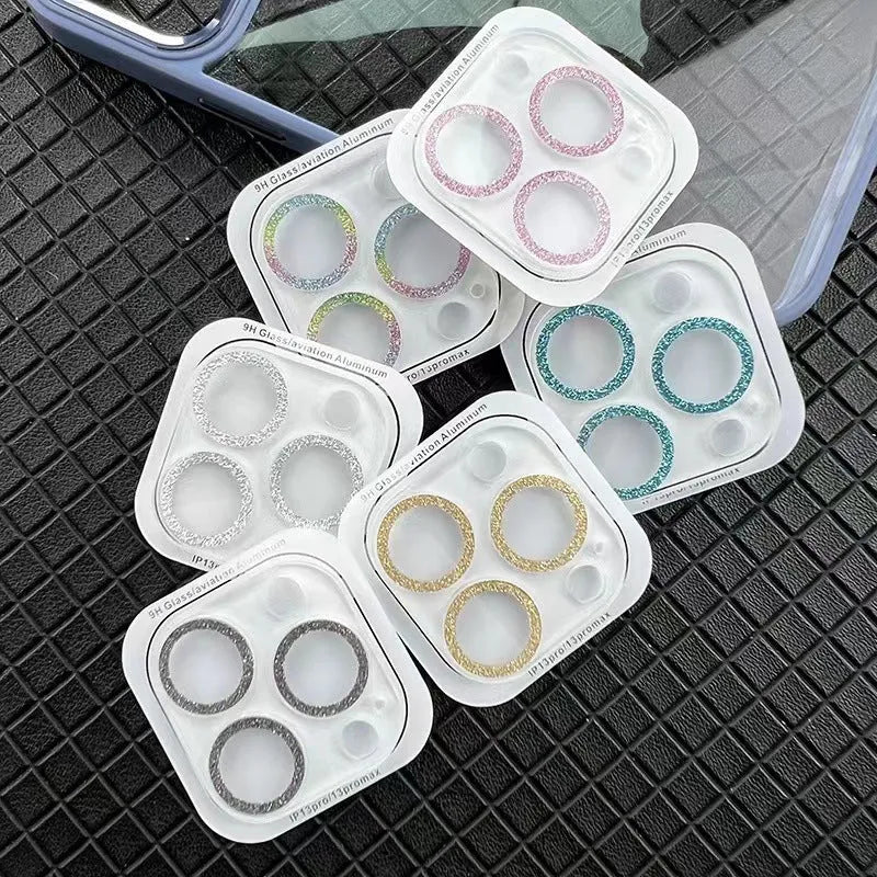 Integrated glitter tempered glass lens protector for Apple iPhone with rhinestone finish, available in multiple colours