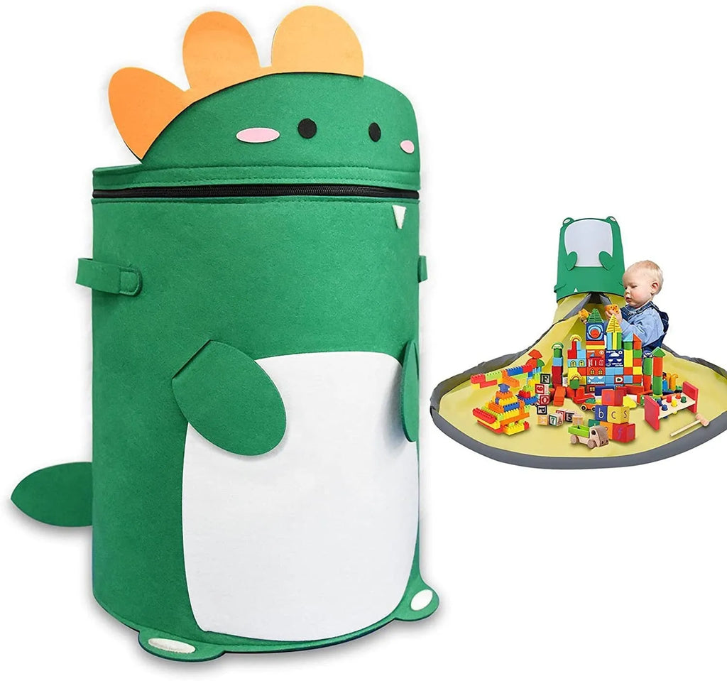 Green felt cube storage bag with pull rope handles that converts to toy play mat
