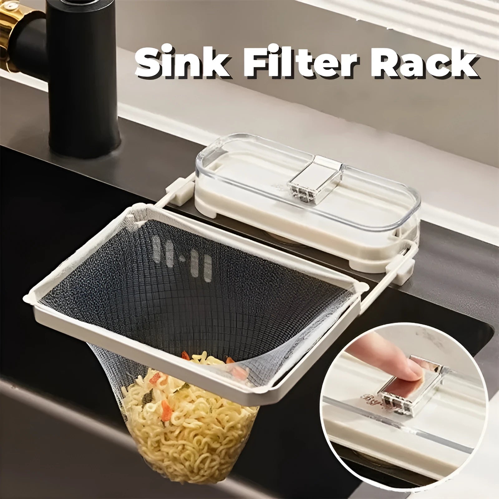 Dark green gold kitchen sink filter rack with suction cups and disposable filter screens on stainless steel sink