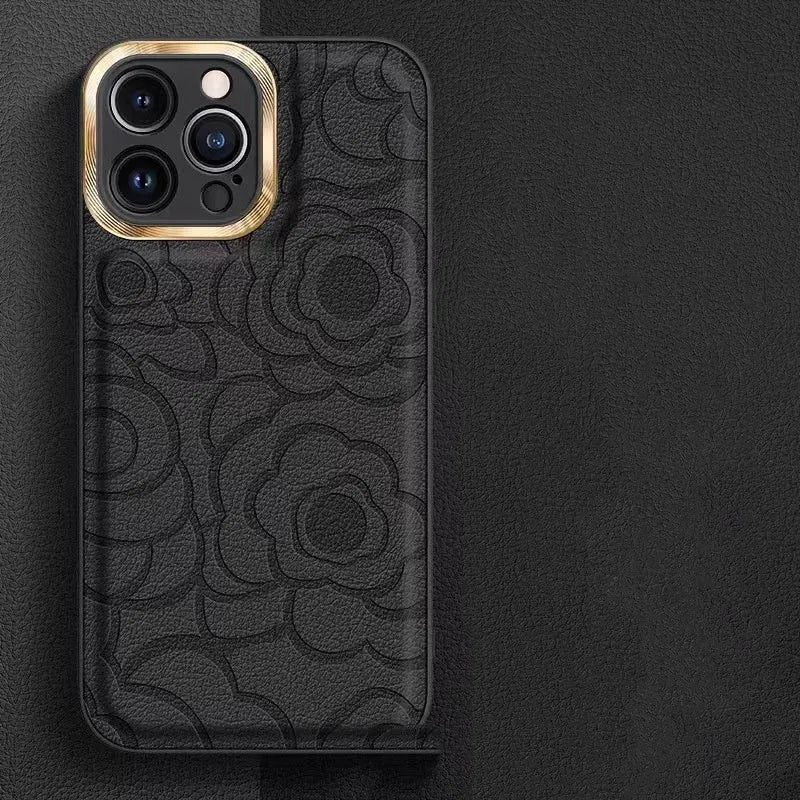 Camellia leather pattern iPhone case with soft edge and hard back, drop-resistant protective shell.