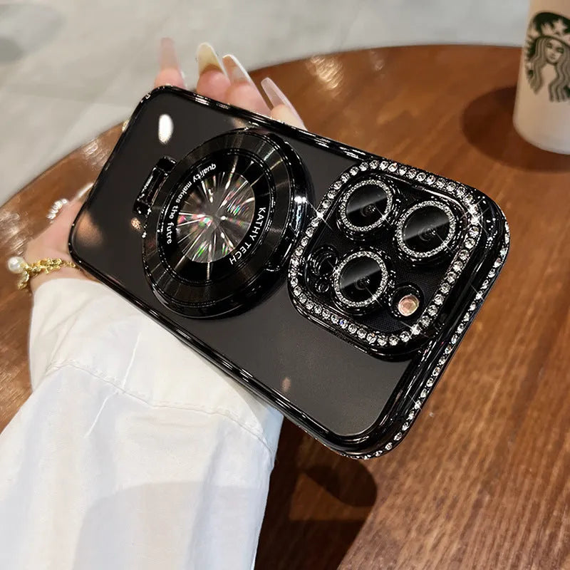 Clear silicone iPhone case with magnetic bracket and electroplated rhinestone detailing in pink colour