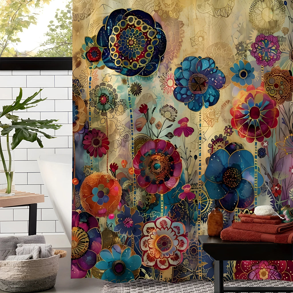 Retro creative flower printed waterproof polyester shower curtain with 12 hooks, available in widths from 90cm to 230cm and a 180cm drop.