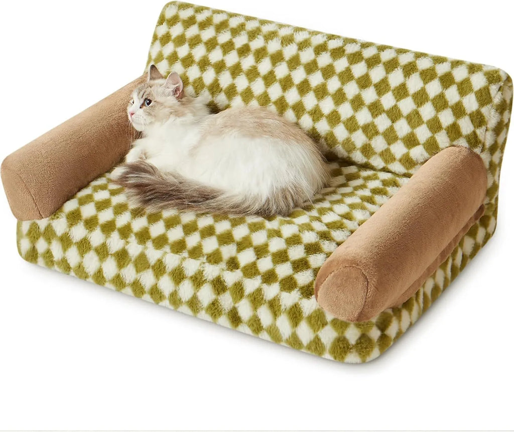 Checkered pattern pet sofa bed for small cats and dogs with removable cover, shown in three sizes.