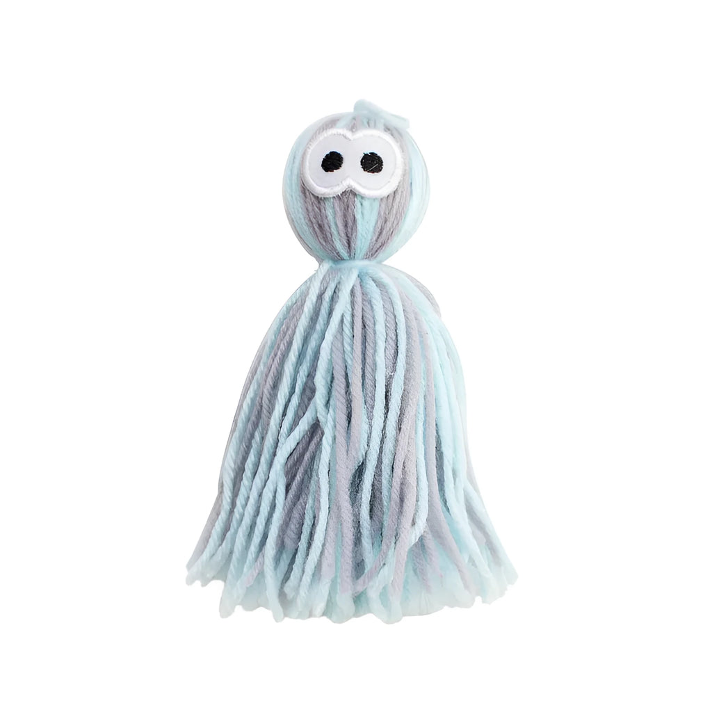 Wool ball cat toy with hanging loop and teaser stick in blue grey colour