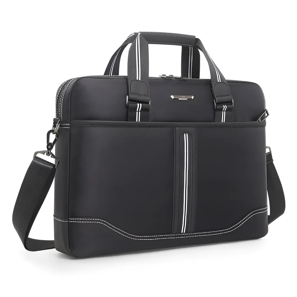 Black Oxford cloth men's laptop bag with soft handle, fits 16-inch laptop, for business travel.