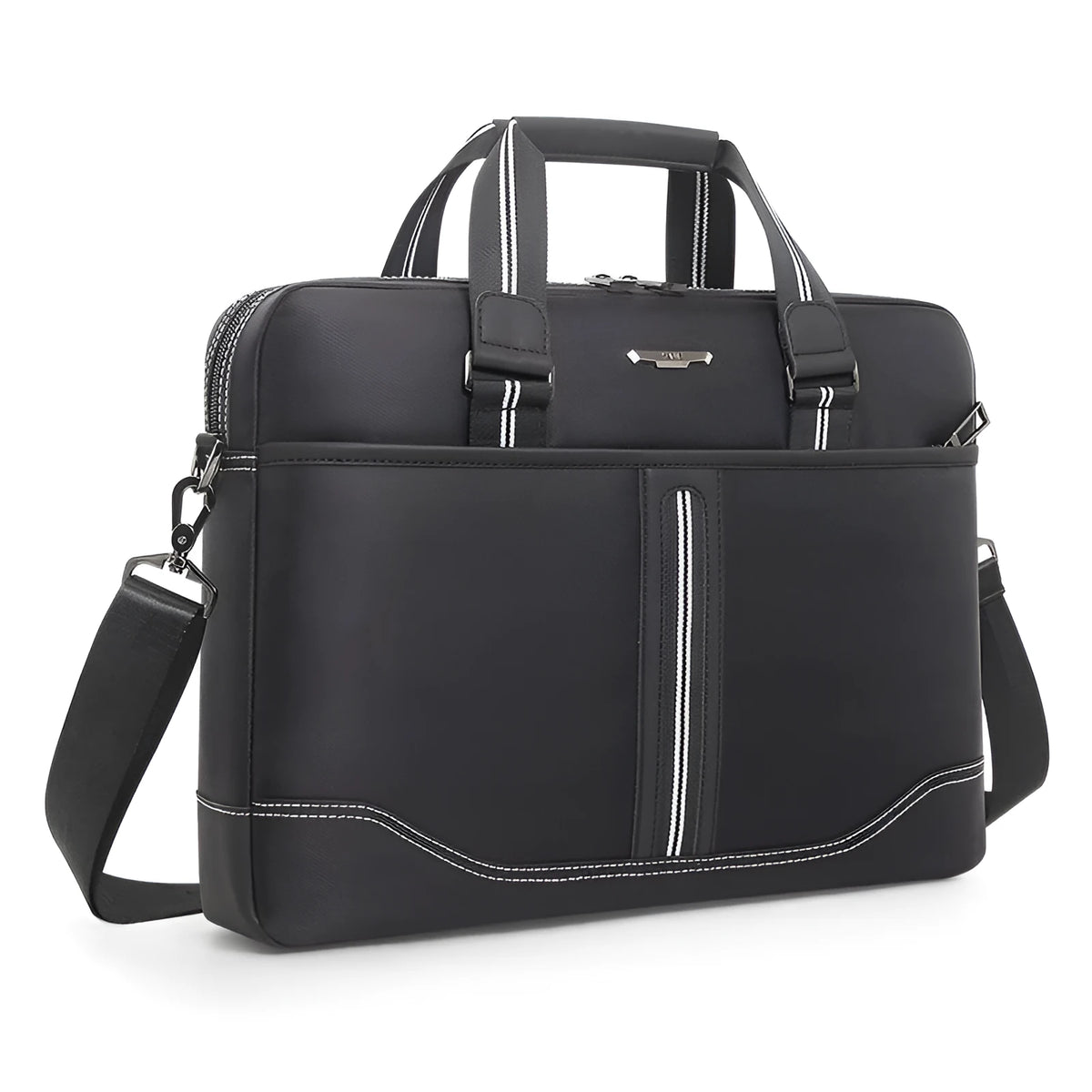 Black Oxford cloth men's laptop bag with soft handle, fits 16-inch laptop, for business travel.