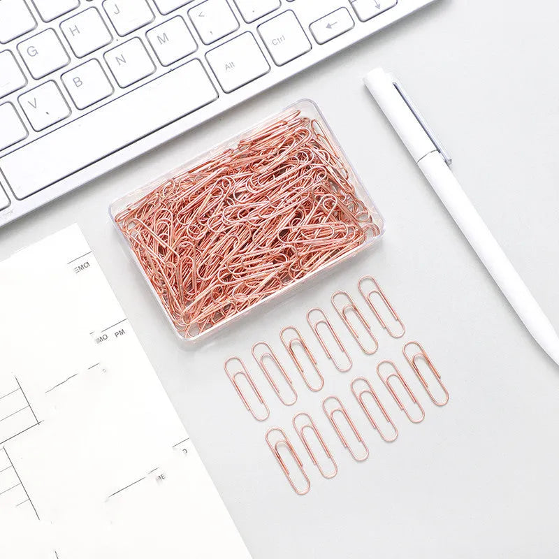 Rose gold heart-shaped metal paper clips in a box, size 28mm.