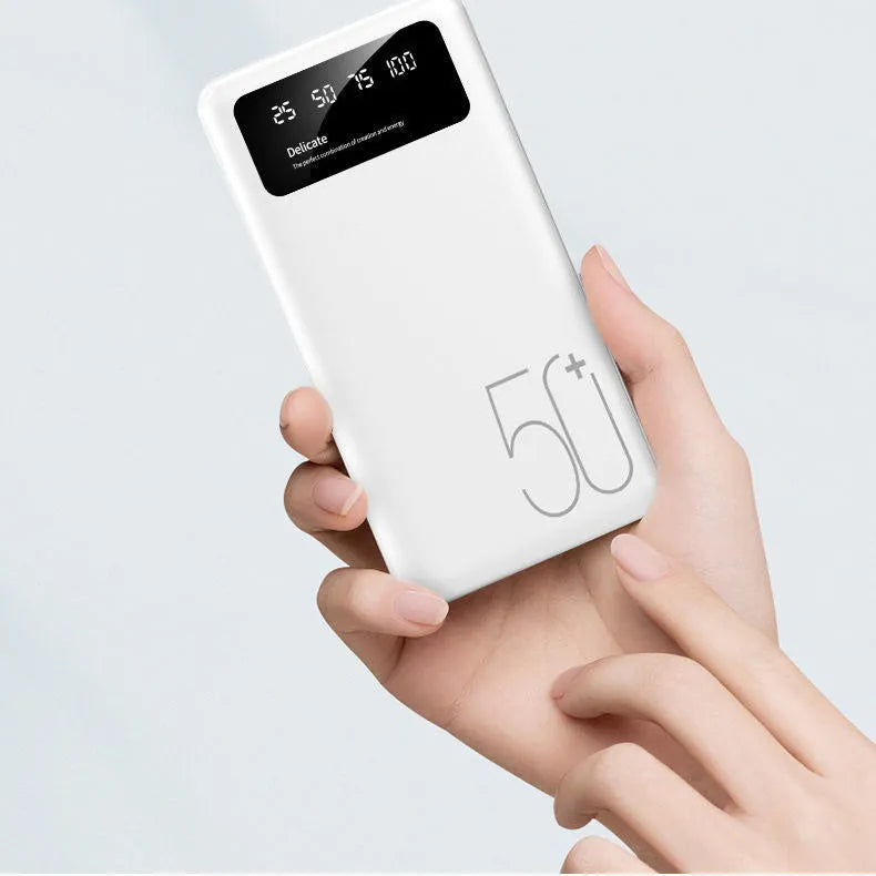 50000 mAh portable power bank with LED display and fabric texture finish in black or white
