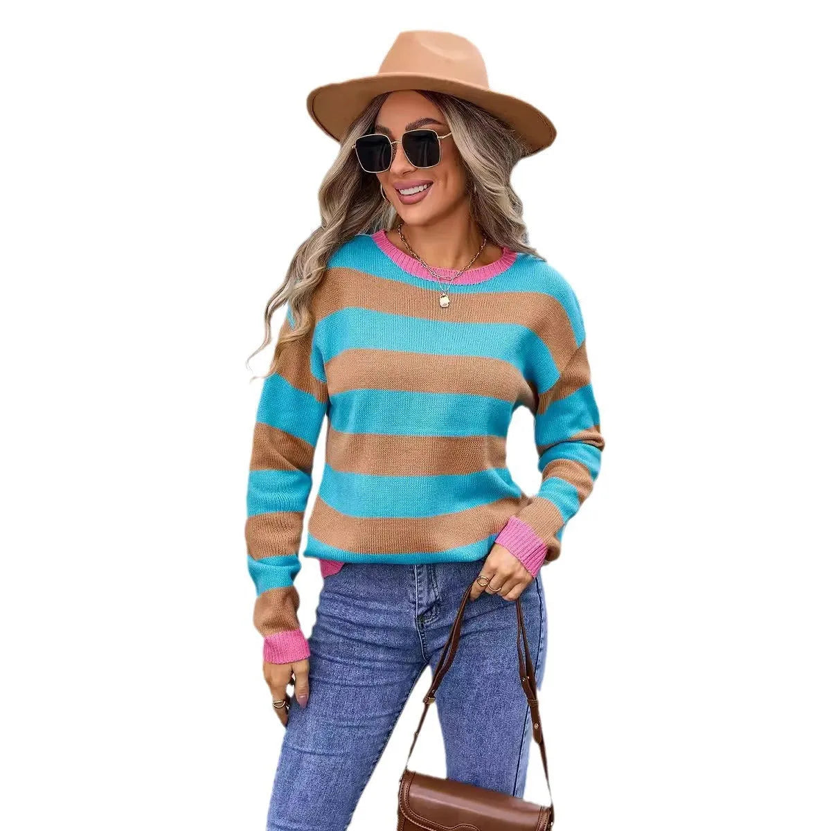 Women's loose fit long sleeve acrylic sweater with floral stripes or plaid pattern in blue colour