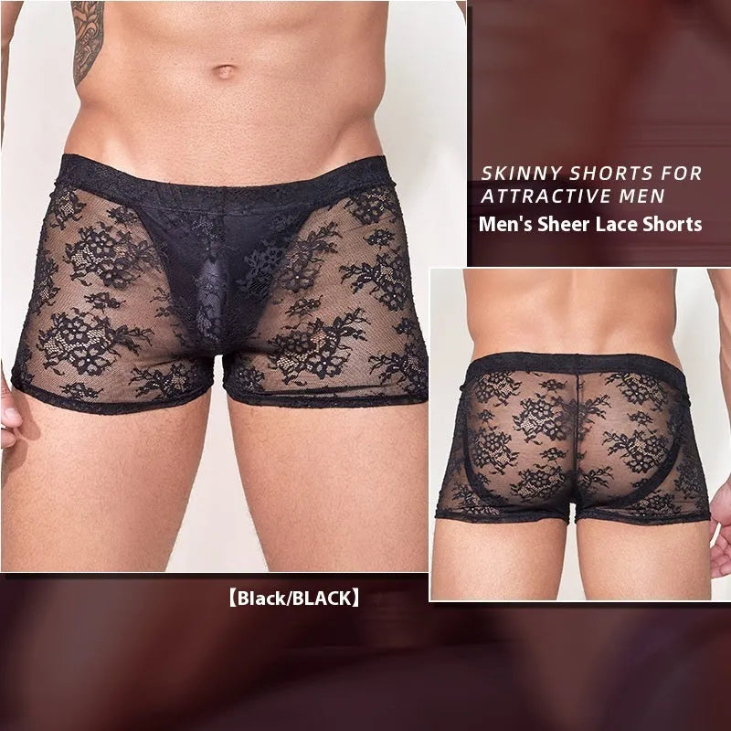 Men's black lace boxer shorts made from nylon fabric, laid flat to show front lace panel design.