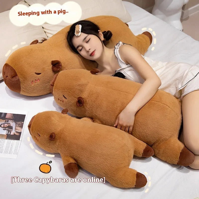 Brown lying-style capybara plush toy in 60cm, 80cm, and 1m sizes with short plush and PP cotton filling