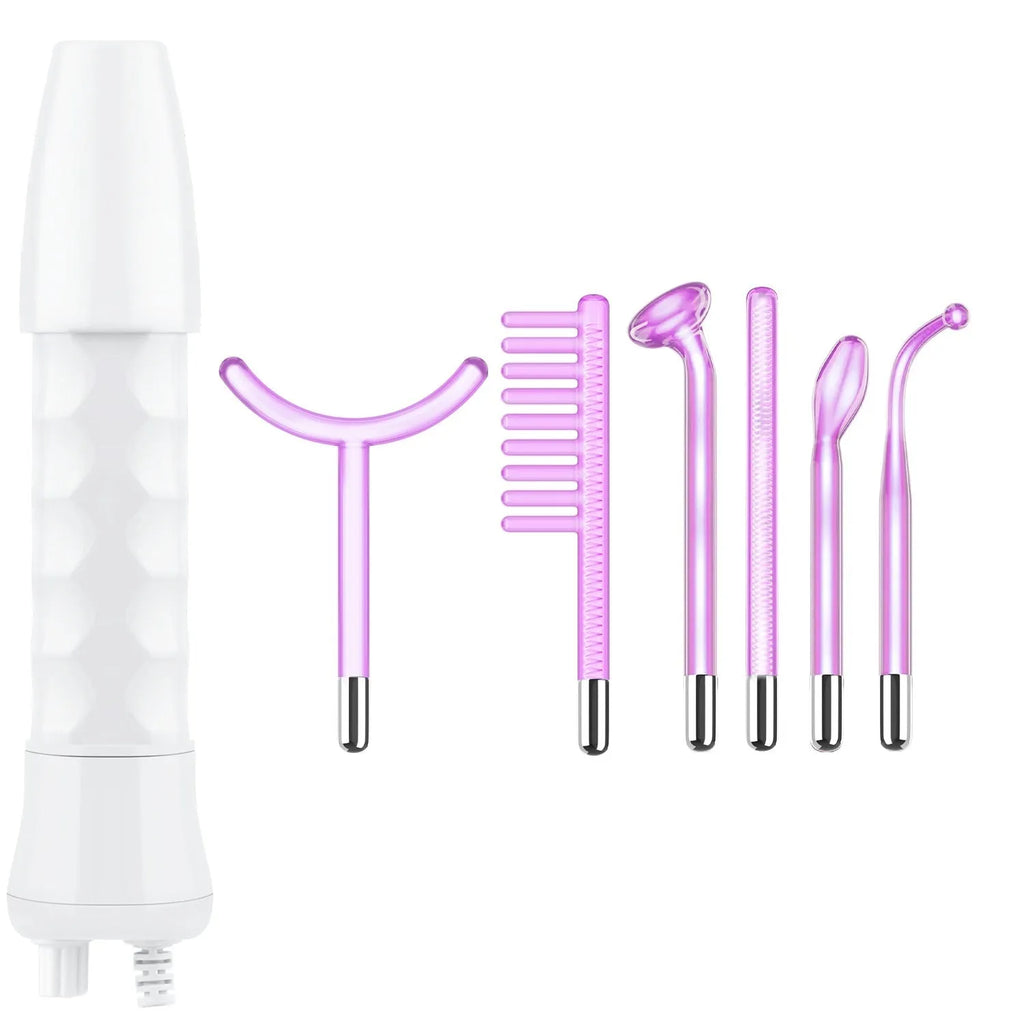 Purple high wave electrotherapy rod with six accessory heads for skin rejuvenation treatments