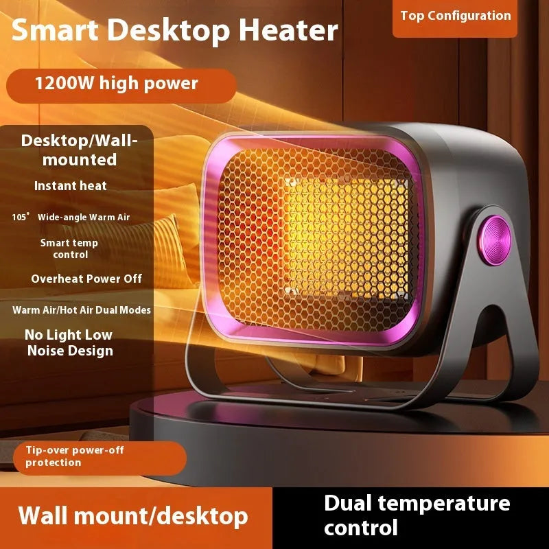 Compact white desktop ceramic heater with control buttons and air vent