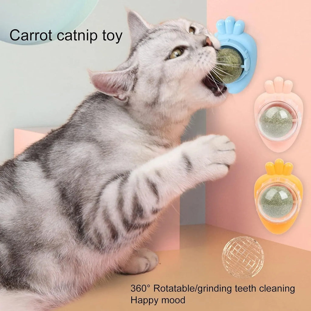 Blue self-adhesive carrot-shaped catnip toy for wall mounting and cat teeth cleaning.