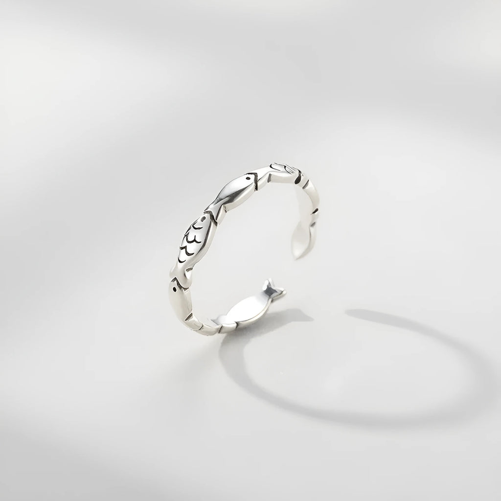 Women's adjustable S925 sterling silver ring featuring a vintage fish (carp) design.