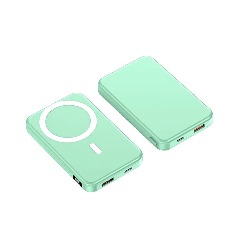 Ultra-thin 10000mAh portable power bank with magnetic wireless charging in white, black, and blue colour variants