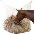Black woven PE rope hanging feeding bag for horses, showing grid weave and hanging straps.