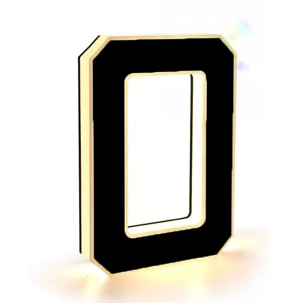 Waterproof LED luminous acrylic house number in style 0 with electroplated finish, mounted on wall
