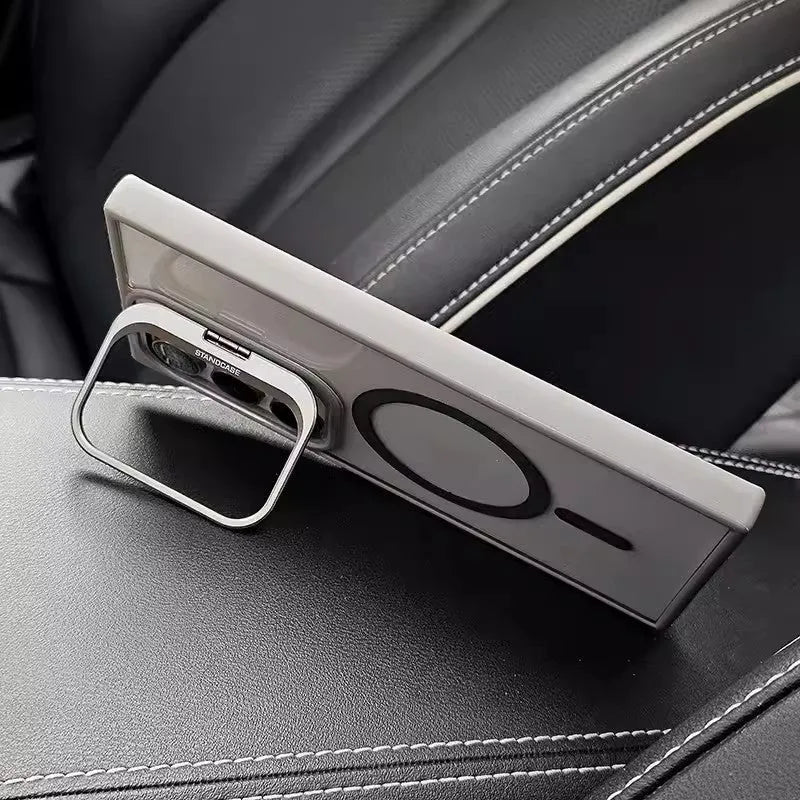 Magnetic PC phone case for Samsung with metal kickstand bracket in gray next to a Samsung phone