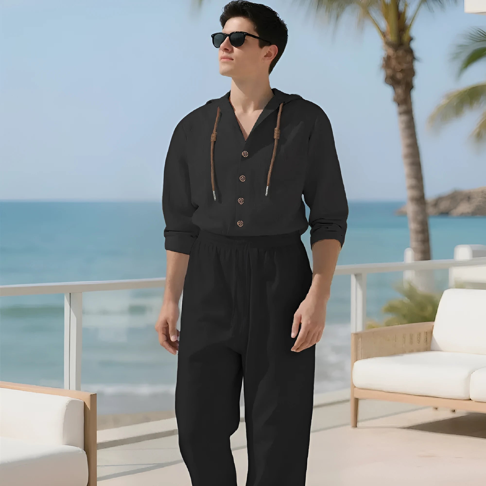 Men's casual cotton sports suit set with long sleeve top and trousers on a hanger.