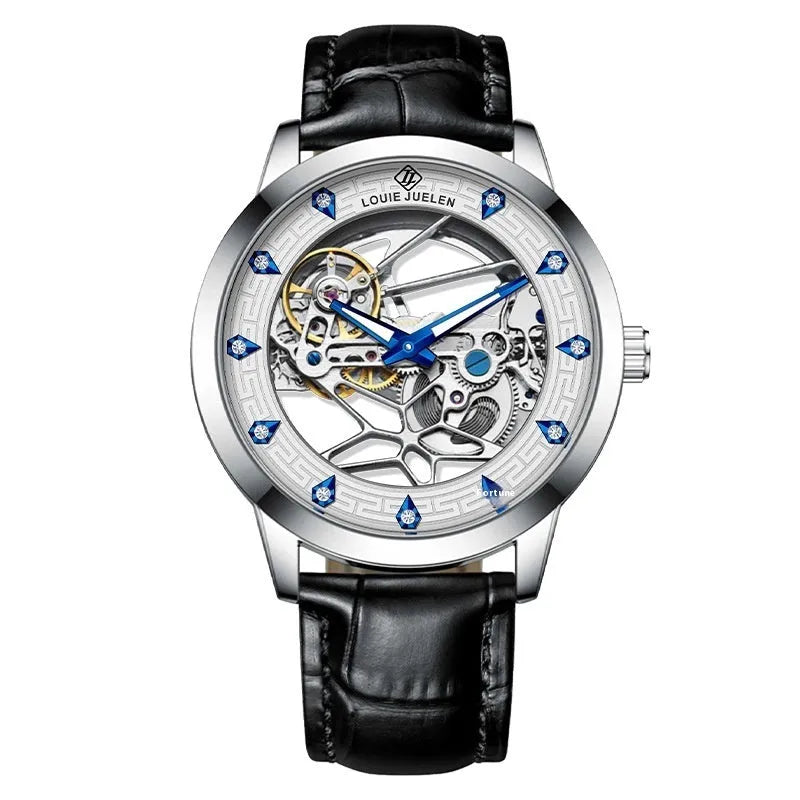 Men's silver case mechanical watch with white dial, blue hands, black leather strap, and luminous markings