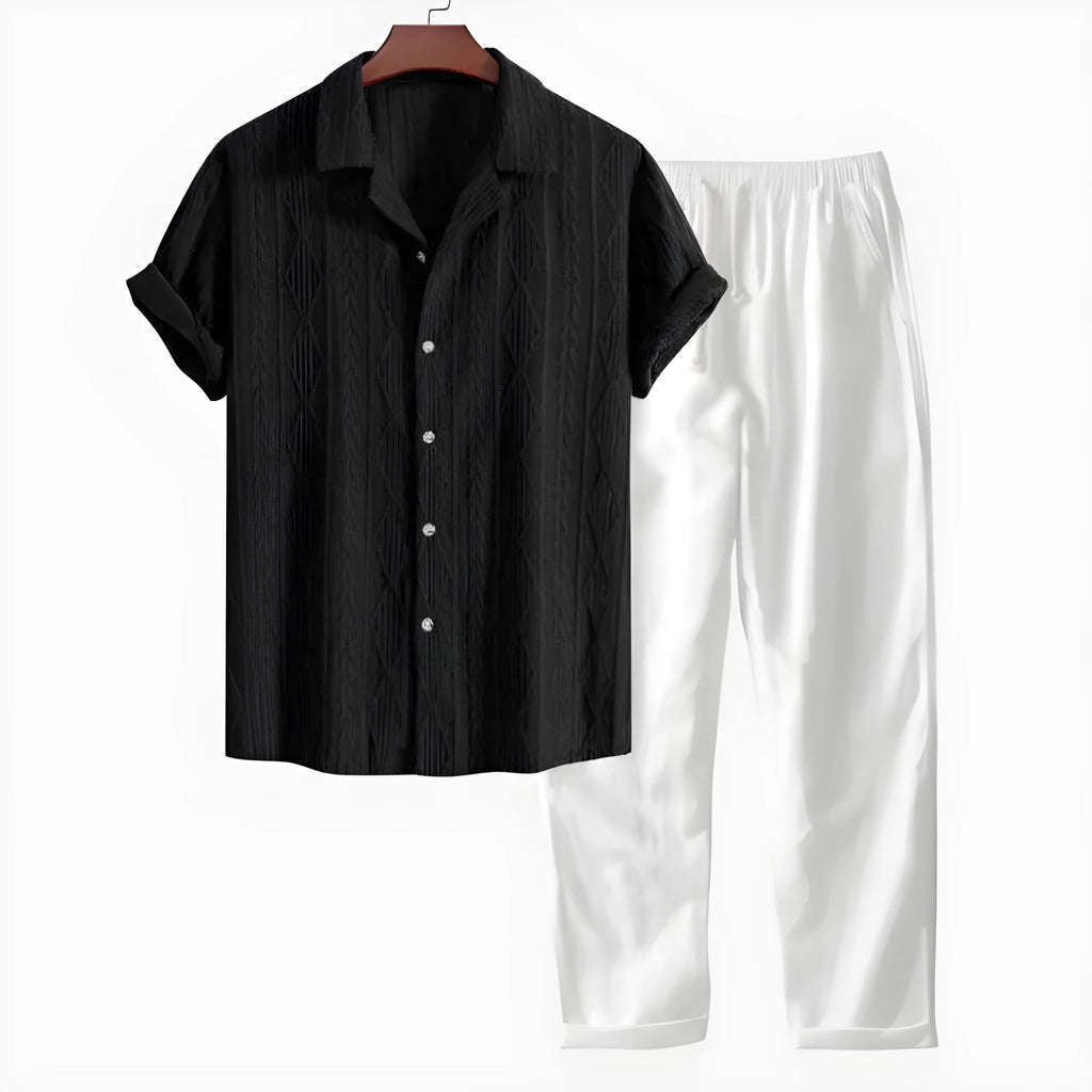 Men's slim fit camouflage print casual suit with short-sleeved shirt and trousers on a hanger