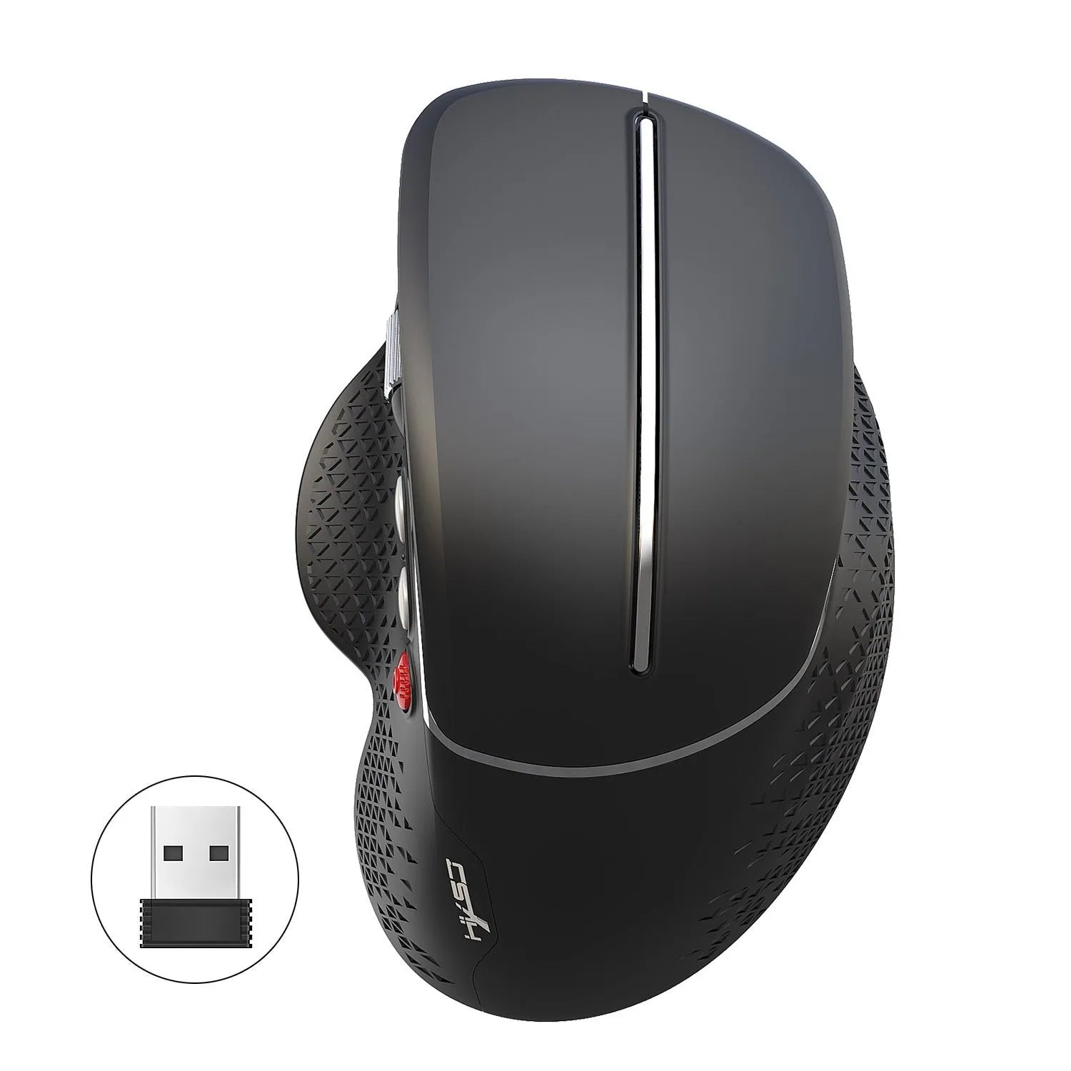 T32 wireless vertical ergonomic mouse in black matte texture showing aluminium side roller and vertical orientation.