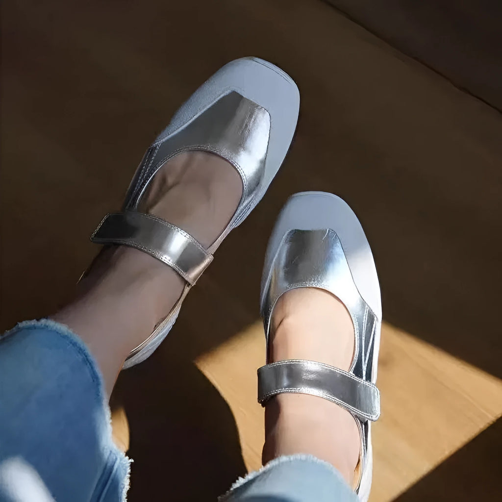 Women's suede leather ballet wedge pumps with Velcro closure, silver colour, round toe