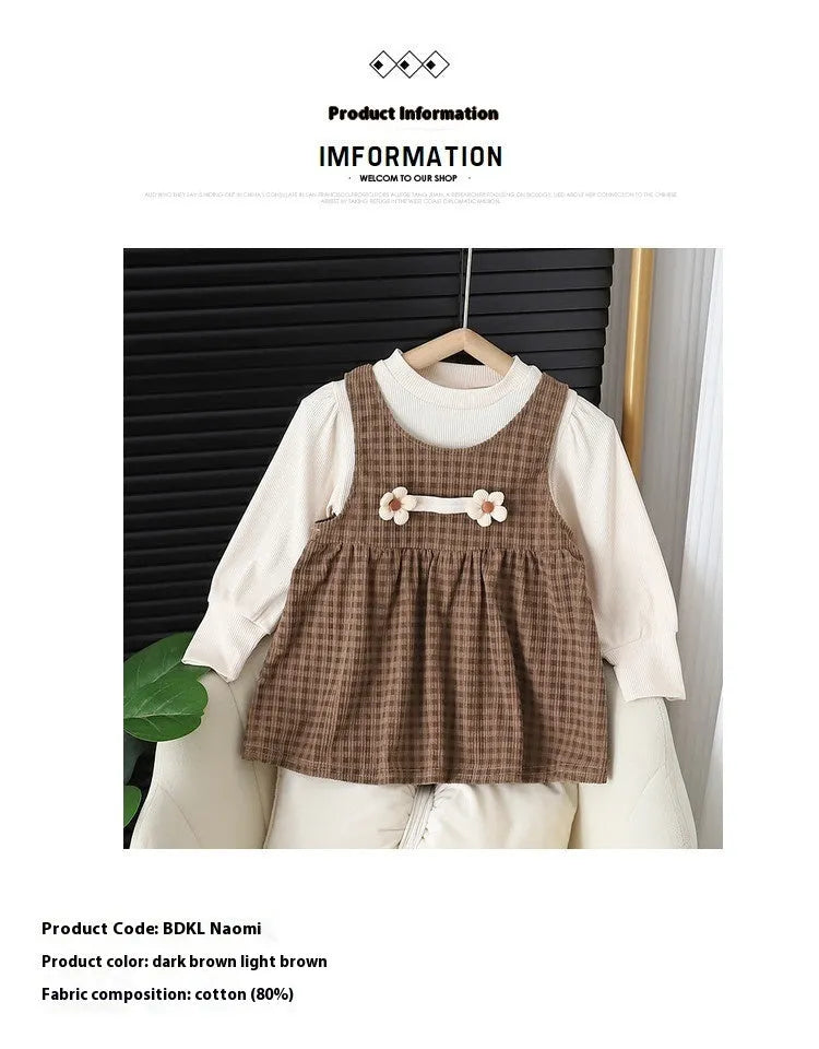 Baby girl wearing a dark coffee plaid long-sleeved dress and matching shirt, Korean style two-piece set.