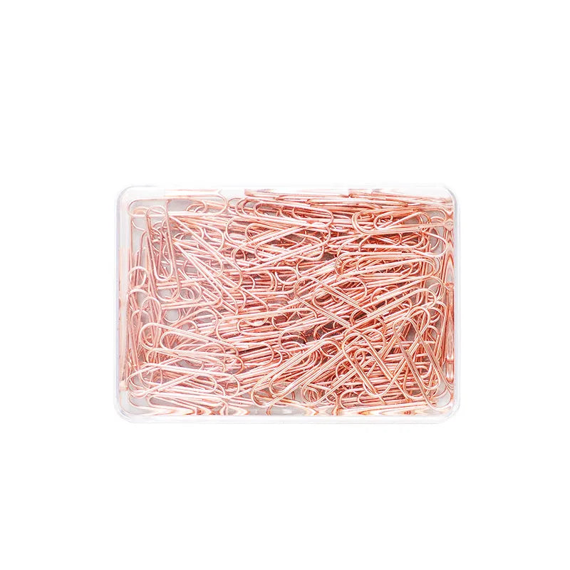 Rose gold heart-shaped metal paper clips in a box, size 28mm.