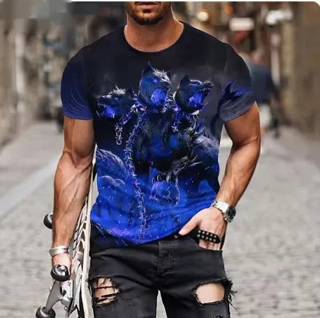 Men's black t-shirt with raised 3D lion graphic print on chest, polyester fabric casual top