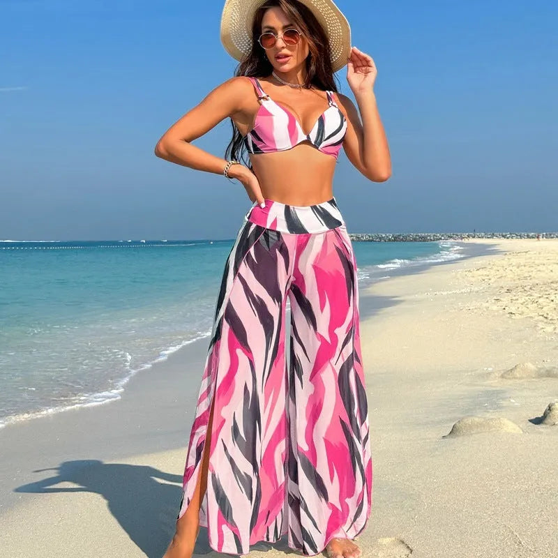 Women's three-piece bikini swimsuit set in quick-drying polyester fabric with various print options